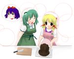  ^_^ apron arms_behind_back black_eyes blonde_hair chocolate closed_eyes cooking face frog green_hair kochiya_sanae moriya_suwako multiple_girls purple_hair touhou yasaka_kanako yellow_eyes yuuki_(ashitahare) 