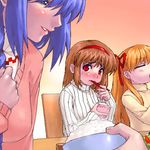  blush bowl chopsticks eating food kanon left-handed lowres minase_akiko multiple_girls parted_lips rice_bowl sawatari_makoto sitting tsukimiya_ayu zen 