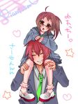  1girl :o age_difference ahoge bad_id bad_pixiv_id bandaid bandaid_on_knee barbell_piercing blush bobby_socks body_blush brown_hair carrying child closed_eyes ear_piercing earrings embarrassed glasses green_neckwear head_tilt heart izumo_kasumi jewelry komiya_hitoma leg_grab long_sleeves mary_janes misasagi_keiji necktie open_mouth over-rim_eyewear pianissimo_(baross-soft) piercing pink_hair pleated_skirt ponytail school_uniform semi-rimless_eyewear serafuku shoes short_hair shoulder_carry side_ponytail simple_background sitting skirt sleeves_past_wrists smile socks star surprised sweater translation_request uwabaki yellow_eyes 