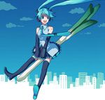  ame_(conronca) aqua_hair bad_id bad_pixiv_id city cityscape cloud flying hatsune_miku long_hair sky solo spring_onion thighhighs twintails vocaloid wind 