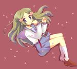  blue_eyes blush flower green_hair hair_flower hair_ornament kimidori_emiri kita_high_school_uniform long_hair long_sleeves lying on_side petals pokopi school_uniform serafuku skirt smile socks solo suzumiya_haruhi_no_yuuutsu 