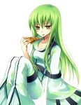  bad_id bad_pixiv_id bodysuit c.c. cheese_trail code_geass eating food green_hair holding_pizza long_hair pizza slice_of_pizza solo suzushiro_kurumi white_bodysuit yellow_eyes 