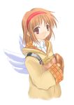  angel_wings artist_request bag food hairband hood hooded_jacket jacket kanon mittens ribbed_sweater simple_background solo source_request sweater taiyaki tsukimiya_ayu wagashi white_background wings 