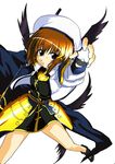  bare_legs beret black_dress black_gloves black_wings dress fingerless_gloves gloves hair_ornament hat looking_at_viewer lyrical_nanoha mahou_shoujo_lyrical_nanoha mahou_shoujo_lyrical_nanoha_a's sansyodo shoes simple_background solo thighs uniform white_background wings x_hair_ornament yagami_hayate 