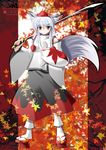  animal_ears geta hat inubashiri_momiji leaf long_skirt shield side_b skirt solo sword tail tengu-geta tokin_hat touhou weapon white_hair wolf_ears 