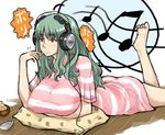  barefoot beamed_eighth_notes breast_rest breasts chips eating enoshima_iki feet food headphones huge_breasts long_hair lying musical_note on_stomach original pajamas pillow quarter_note solo toe_scrunch translation_request 
