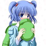  backpack bag blue_hair blush bococho covering_face embarrassed hair_bobbles hair_ornament hat hat_removed headwear_removed holding holding_hat kawashiro_nitori pocket short_hair shy solo touhou two_side_up upper_body 