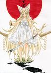  animal_ears barefoot blonde_hair chemise copyright_request k_ototo long_hair necktie ribbon solo sun sword weapon yellow_eyes 