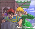  blonde_hair food green_eyes hamburger happy hat jeff_andonuts male_focus mother_(game) mother_2 multiple_boys ness purple_eyes trash_can 