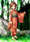  bad_id bad_pixiv_id brown_hair copyright_request feet forest harepore japanese_clothes jpeg_artifacts nature red_eyes sandals solo tree 