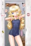  armpits blonde_hair blue_eyes copyright_request flat_chest locker one-piece_swimsuit one_eye_closed school_swimsuit solo swimsuit tsuchinoto 