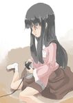  black_hair brown_eyes houraisan_kaguya long_hair playing_games sitting solo tongue tongue_out touhou very_long_hair video_game wariza yohane 