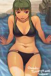  :p bikini breasts cleavage copyright_request green_hair itou_(onsoku_tassha) medium_breasts mole mole_on_breast navel red_eyes solo swimsuit tongue tongue_out wide_hips 