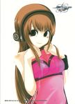  baek_changpo black_eyes breasts brown_hair cleavage hairband headphones long_hair medium_breasts see-through senkou_no_ronde sleeveless smile sogabe_shuuji solo takayama_mizuki wristband 