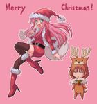  1girl animal_costume artist_request boots christmas hat lala_satalin_deviluke open_mouth pink_background pink_hair reindeer santa_costume santa_hat simple_background thighhighs to_love-ru triangle_mouth yuuki_rito 