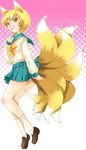  alternate_costume animal_ears blonde_hair blush fox_ears fox_tail kyuubi michii_yuuki multiple_tails ribbon school_uniform solo tail touhou yakumo_ran 