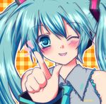  1girl ;d aqua_hair blush collared_shirt detached_sleeves eyebrows_visible_through_hair grey_shirt hair_ornament hatsune_miku headphones index_finger_raised long_hair looking_at_viewer lowres necktie one_eye_closed open_mouth plaid plaid_background shirt smile solo tsuyuri_(artist) twintails upper_body vocaloid 