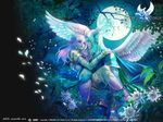  1girl 2008 armor artist_request carrying chinese copyright_name couple elf eye_contact fantasy flower full_moon head_wings hetero long_hair looking_at_another midriff moon nail_polish night perfect_world petals pointy_ears princess_carry wallpaper watermark web_address wings 