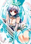  blue_hair breasts cleavage copyright_request halo highres large_breasts misaki_kurehito red_eyes solo wings 