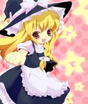  :d apron bangs black_hat black_skirt black_vest blonde_hair blush bow braid eyebrows_visible_through_hair frilled_apron frills hair_between_eyes hair_bow hat hat_bow hat_ribbon kirisame_marisa long_hair open_mouth outstretched_arm polka_dot polka_dot_background red_background red_eyes ribbon shirt short_sleeves skirt smile solo star tareme touhou tsuyuri_(artist) vest waist_apron white_apron white_bow white_ribbon white_shirt witch_hat 