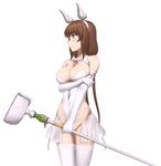  bad_id bad_pixiv_id blush breasts brown_hair cleavage collarbone elbow_gloves fake_horns gloves green_eyes hairband highres large_breasts long_hair original see-through shirajira skirt solo staff thighhighs very_long_hair wavy_mouth white_gloves white_legwear 