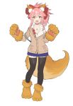  1girl animal_ear_fluff animal_ears bangs beige_sweater black_legwear blue_skirt bow breasts cat_paws cleavage collarbone dress_shirt fate/extra fate/grand_order fate_(series) fox_ears fox_girl fox_tail full_body gloves hair_between_eyes hair_bow large_breasts long_hair looking_at_viewer open_mouth paw_gloves paw_shoes paws pink_hair pleated_skirt ponytail red_bow shirt shoes sidelocks simple_background skirt tail tamamo_(fate)_(all) tamamo_cat_(fate) thighhighs thighs tranquil-lizer white_background yellow_eyes 