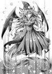  blood breasts capelet crescent dress full_moon ghost_tail greyscale hat highres long_hair medium_breasts mima monochrome moon moon_phases nyuu_(manekin-eko) ribbon solo star sun_(symbol) touhou touhou_(pc-98) wings wizard_hat 