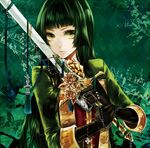  apt bangs black_gloves blunt_bangs buttons chain flower gem gloves gold green green_eyes green_hair holding holding_sword holding_weapon jacket jewelry lips long_hair long_sleeves looking_at_viewer military military_uniform original rose sleeves_folded_up solo sword tassel uniform upper_body weapon yellow_flower yellow_rose 