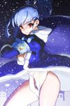  armband bangs blue_hair buttons coat hair_up long_hair lowres luthica_preventer night outdoors panties ponytail red_eyes ribbon sky snow solo swept_bangs sword_girls underwear white_panties 
