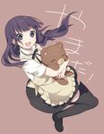  apron bangs black_legwear blunt_bangs daisy_(working!!) dress_shirt long_hair looking_at_viewer neck_ribbon object_hug open_mouth purple_eyes purple_hair ribbon shirt short_sleeves simple_background skirt smile solo stuffed_animal stuffed_toy teddy_bear thighhighs waitress working!! yamada_aoi yamiko zettai_ryouiki 