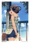  absurdres bag bare_shoulders cloud cloudy_sky day from_behind handbag headphones highres jvc ocean open_mouth original scan shorts sky solo striped tank_top teikoku_shounen 