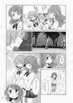  3girls absurdres comic crutch greyscale hair_ornament hair_ribbon hairclip highres kamijou_kyousuke kaname_madoka kurose_kousuke mahou_shoujo_madoka_magica miki_sayaka monochrome multiple_girls one_eye_closed ribbon school_uniform shizuki_hitomi short_hair short_twintails smile translated twintails 