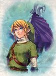  1girl 92kuni92 back-to-back bad_id bad_pixiv_id belt blonde_hair blue_eyes blue_hair cape earrings fi hat highres jewelry link looking_back pointy_ears smile the_legend_of_zelda the_legend_of_zelda:_skyward_sword 