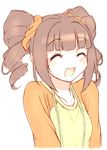  ^_^ aouma bad_id bad_pixiv_id blush brown_hair closed_eyes highres idolmaster idolmaster_(classic) open_mouth raglan_sleeves solo takatsuki_yayoi 