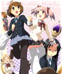  akemi_homura akiyama_mio bag brown_eyes brown_hair commentary_request copyright_name crossover hirasawa_ui hirasawa_yui holding_hands instrument interlocked_fingers k-on! kaname_madoka mahou_shoujo_madoka_magica multiple_girls na!_(na'mr) nakano_azusa pantyhose peeking_out perspective pink_hair plastic_bag red_eyes school_uniform short_hair soul_gem tambourine tomoe_mami twintails 