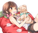  1girl bandanna bangs bare_arms bare_shoulders blush bow boyshorts brown_eyes brown_hair brown_shorts camisole candy dog food from_side hair_bow hair_over_shoulder kuga_tsukasa lollipop long_hair lying mouth_hold on_back one_eye_closed original pillow pink_bow shorts simple_background smile solo sparkling_eyes thighhighs white_background 
