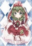  argyle argyle_background bad_id bad_pixiv_id boots christmas dress english frills front_ponytail green_eyes green_hair hair_ribbon hands_together kagiyama_hina knee_boots kyouda_suzuka long_hair merry_christmas own_hands_together red_dress ribbon sack sitting smile snowflakes solo touhou wristband 