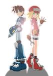  1girl arm_cannon armor back-to-back bike_shorts blonde_hair brown_eyes brown_hair gloves green_eyes hat light muu_(mumumer) red_shorts rock_volnutt rockman rockman_dash roll_caskett shadow shorts sidelocks smile waving weapon wrench 