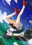  ass back black_hair black_wings blush chien_zero cloud day flying geta hat highres looking_at_viewer open_mouth panties pen red_eyes shameimaru_aya shirt short_hair skirt sky smile solo tengu-geta tokin_hat touhou underwear upside-down white_panties wings 