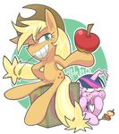  applejack character_name food fruit gashi-gashi holding holding_food holding_fruit horn long_hair low-tied_long_hair my_little_pony my_little_pony_friendship_is_magic no_humans one_eye_closed sitting twilight_sparkle 
