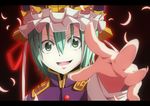  anime_coloring bad_id bad_pixiv_id bisuke_(k_step2009) colored_eyelashes constricted_pupils detached_sleeves epaulettes foreshortening green_eyes green_hair hands hat letterboxed open_mouth outstretched_hand ribbon shiki_eiki short_hair smile solo touhou 