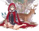  2d animal animal_on_hand aqua_eyes autumn_leaves bare_legs barefoot basket berries black_dress black_gloves blood blush braid brown_hair choker cloak colored_eyelashes deer dress fingerless_gloves gloves grimm's_fairy_tales hair_ornament hair_ribbon hood hood_up leaf little_red_riding_hood little_red_riding_hood_(grimm) long_hair nature open_mouth ribbon shears short_dress sitting squirrel tree twin_braids x_hair_ornament yokozuwari 