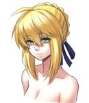  ahoge artoria_pendragon_(all) bangs blonde_hair braid breasts cleavage collarbone expressionless face fate/stay_night fate_(series) green_eyes hair_bun hair_ribbon highres kenneth_(qq) looking_at_viewer medium_breasts nude portrait ribbon saber short_hair solo upper_body 