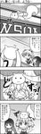  4koma akemi_homura comic commentary_request fat greyscale hair_ribbon hairband highres jumping kaname_madoka kyubey landing lawson long_hair lying mahou_shoujo_madoka_magica monochrome multiple_girls ribbon school_uniform short_twintails translated twintails yuuki_akira 