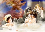  blush breast_grab breasts brown_hair closed_eyes copyright_request full_moon grabbing highres large_breasts long_hair moon multiple_girls nashigami_tsubute nipples onsen 