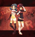  blue_hair brown_hair clothes_writing colorized cosplay crystal_(pokemon) great_ball hat hat_ribbon holding holding_poke_ball kotone_(pokemon) mati_(mksa) multiple_girls poke_ball pokemon pokemon_(game) pokemon_gsc pokemon_hgss red_ribbon ribbon single_letter team_rocket_uniform 