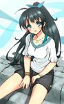  aouma bad_id bad_pixiv_id black_hair blue_eyes blush breasts colorized dated earrings ganaha_hibiki highres idolmaster idolmaster_(classic) jewelry long_hair medium_breasts necklace open_mouth ponytail ribbon shorts solo very_long_hair 