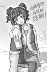  aouma bad_id bad_pixiv_id can greyscale happy_new_year idolmaster idolmaster_(classic) monochrome new_year open_mouth pantyhose sitting solo takatsuki_yayoi 