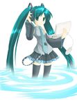  detached_sleeves green_eyes green_hair hatsune_miku headphones highres long_hair nashigami_tsubute skirt smile solo thighhighs very_long_hair vocaloid wading water 