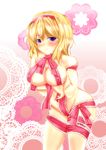  alice_margatroid bad_id bad_pixiv_id bare_shoulders blonde_hair blush breasts cleavage covered_nipples dd139 groin highres large_breasts naked_ribbon purple_eyes ribbon short_hair simple_background smile solo touhou 